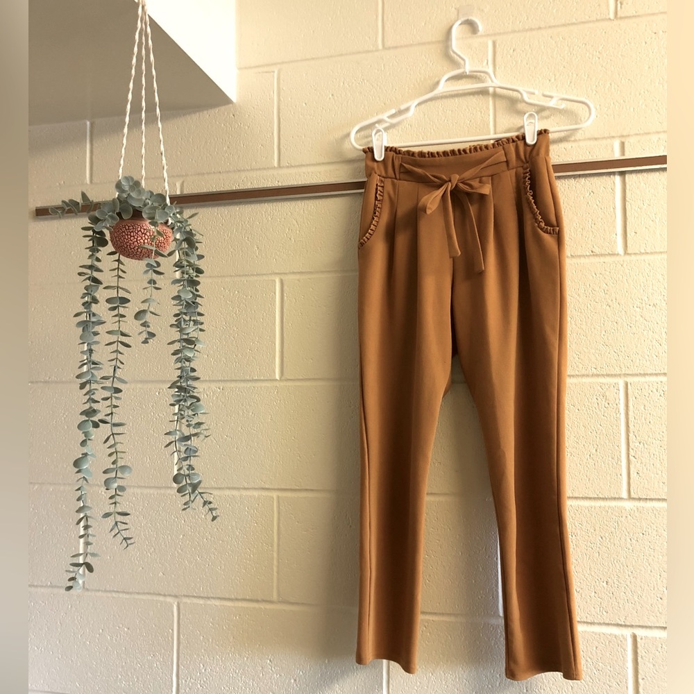 Orange Cropped Tie Pants with Fringe Detail